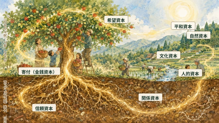 NPOが育てるさまざまな資本(寄付=金銭資本、希望資本、信頼資本、関係資本、人的資本、文化資本、自然資本、平和資本)を一本の木と根で表した図